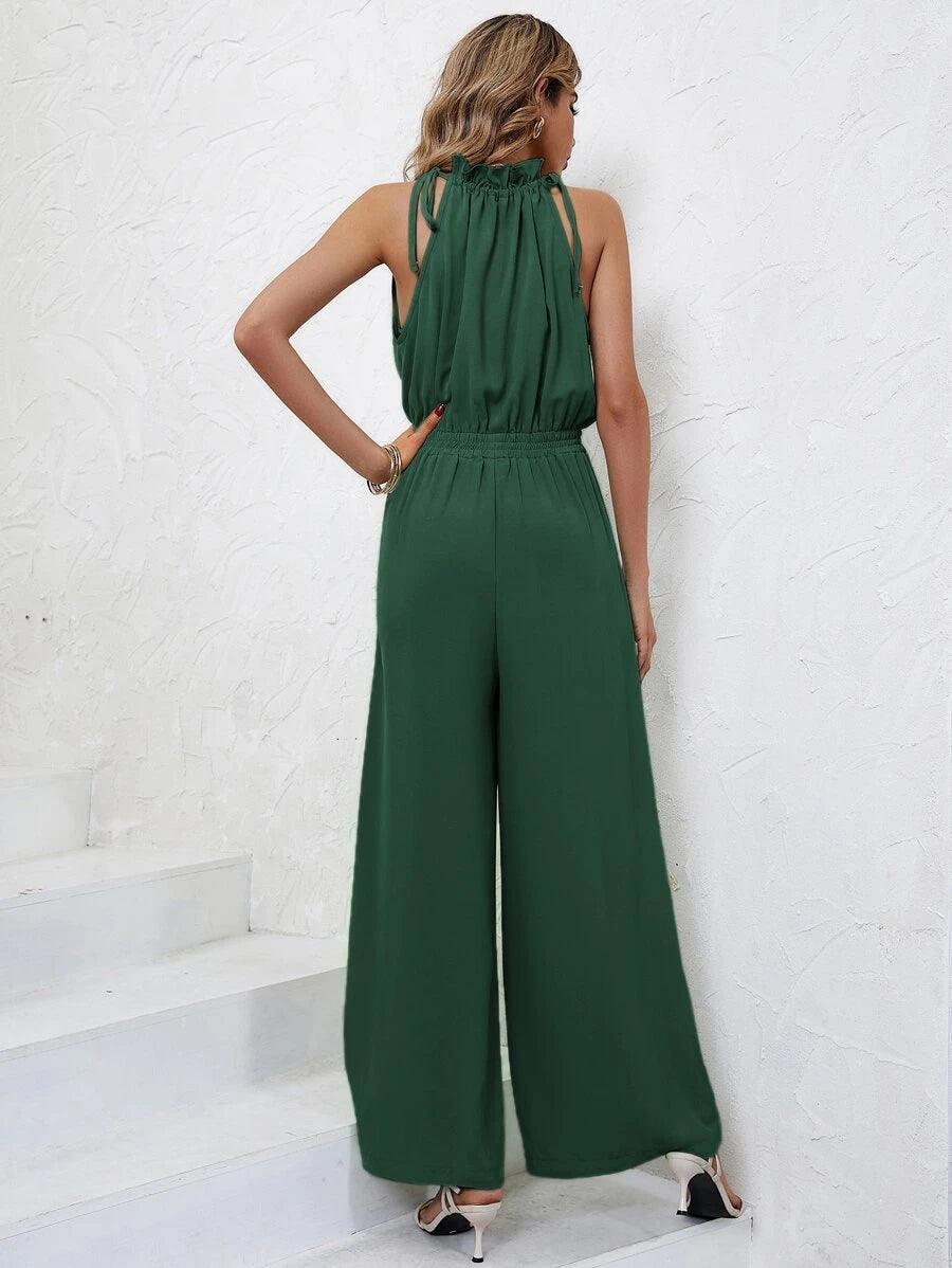Frenchy Solid Knot Detail Halter Jumpsuit-Comfy Jumpsuits
