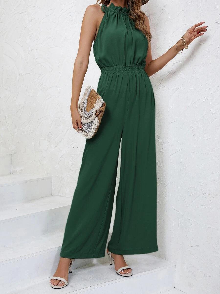 Frenchy Solid Knot Detail Halter Jumpsuit-Comfy Jumpsuits