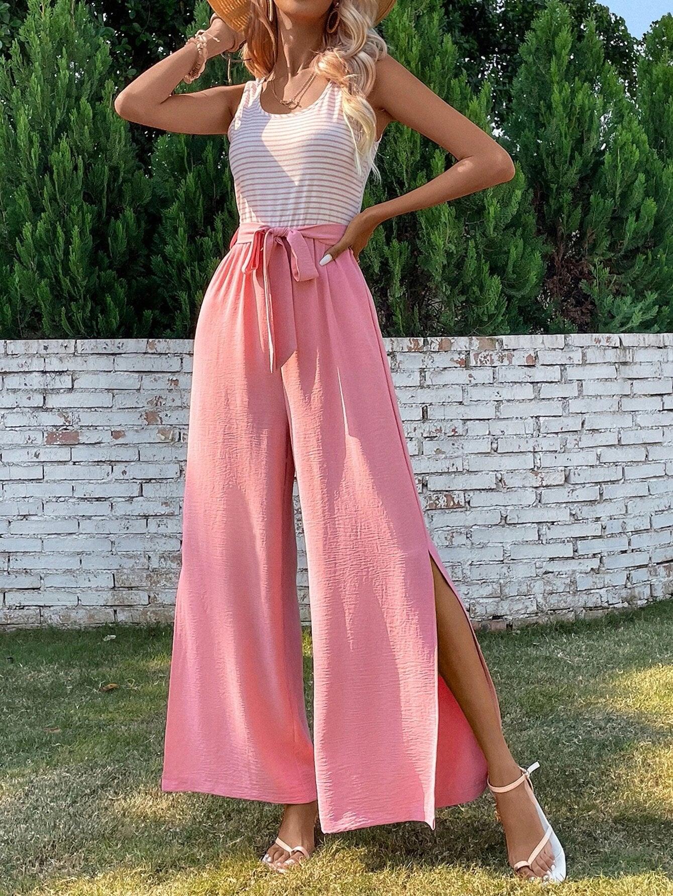 Striped Split Hem Belted Wide Leg Jumpsuit-Comfy Jumpsuits