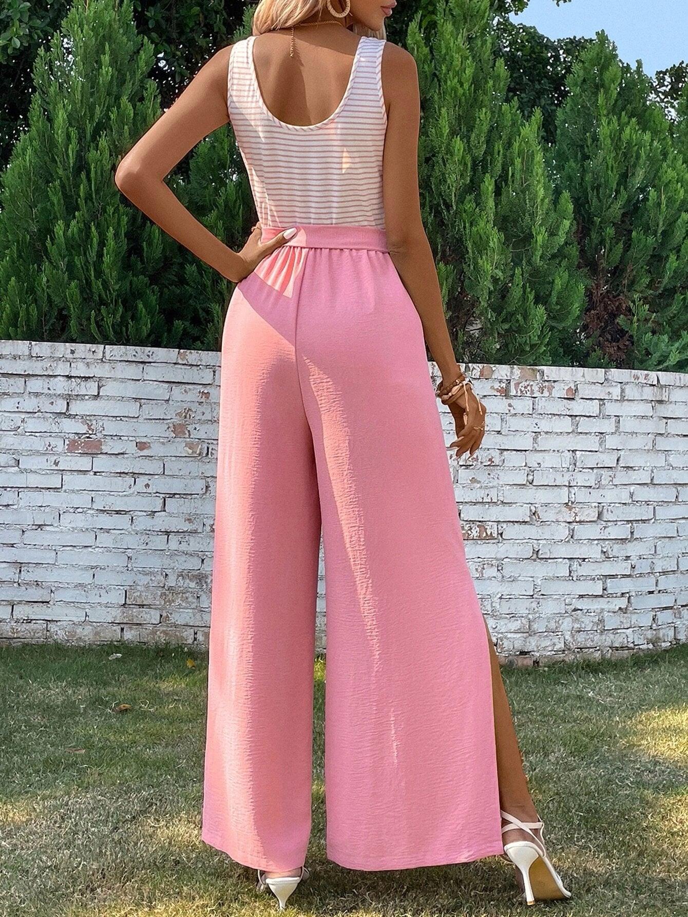 Striped Split Hem Belted Wide Leg Jumpsuit-Comfy Jumpsuits
