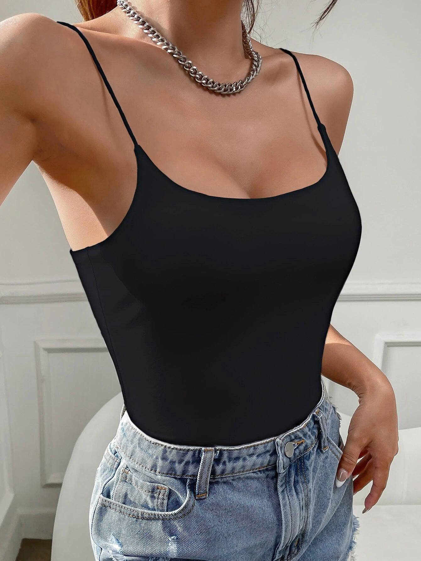 Sleeveless Solid Cami Bodysuit-Comfy Jumpsuits