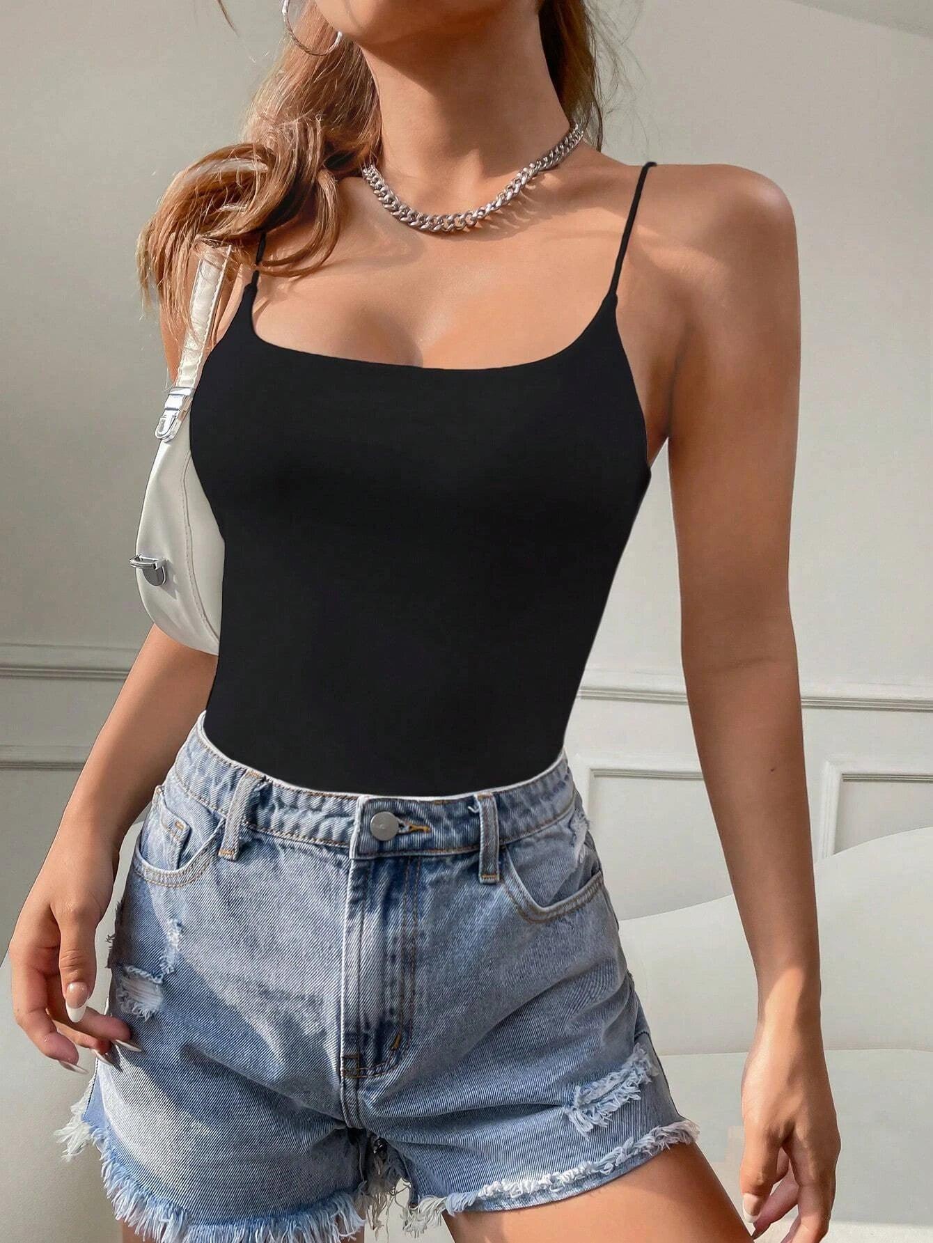 Sleeveless Solid Cami Bodysuit-Comfy Jumpsuits