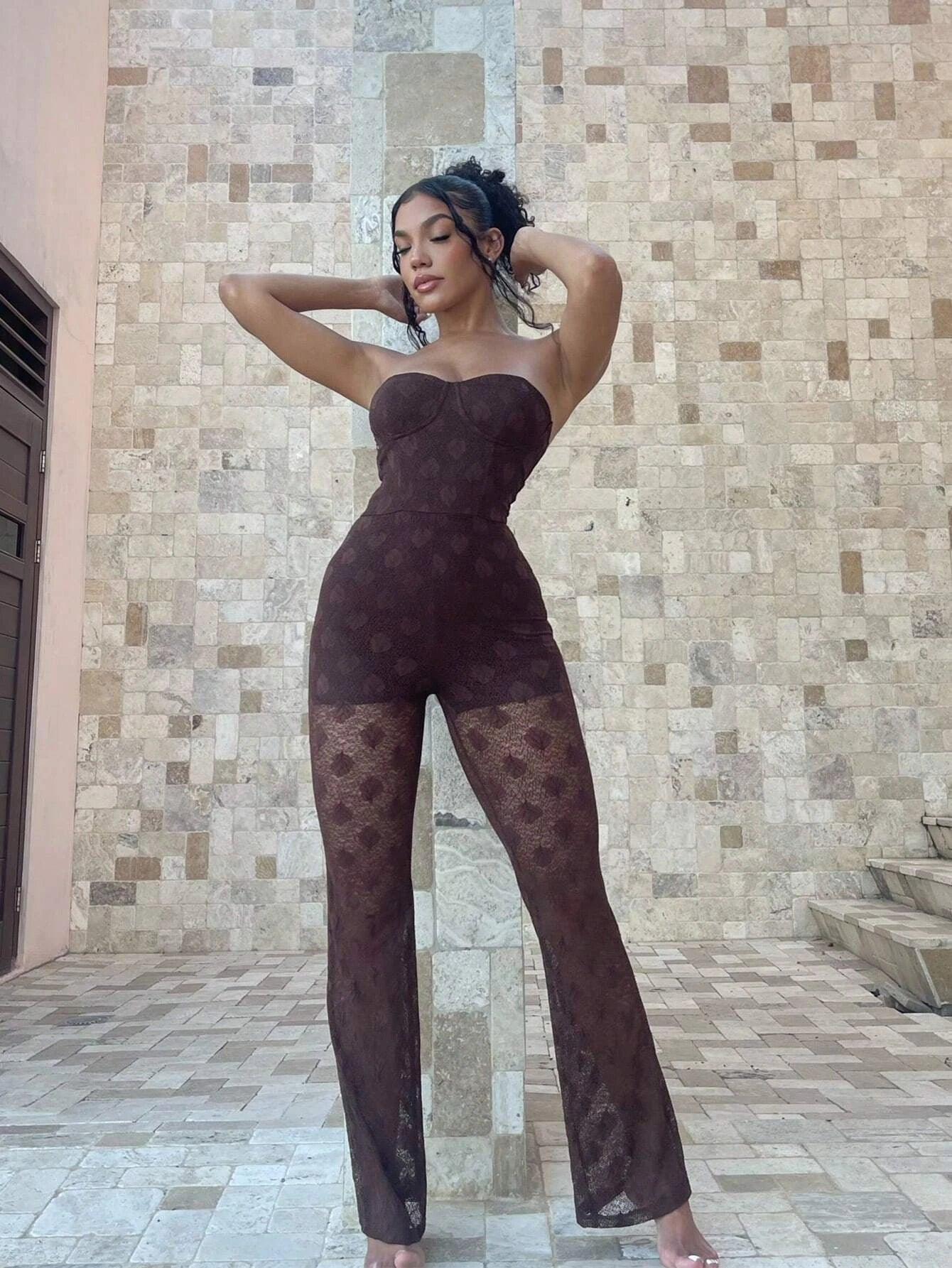 Leaf Printed Jacquard Jumpsuit-Comfy Jumpsuits