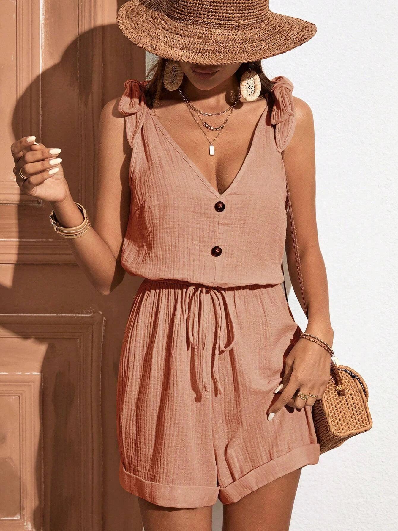 Button Front Knot Shoulder Romper-Comfy Jumpsuits