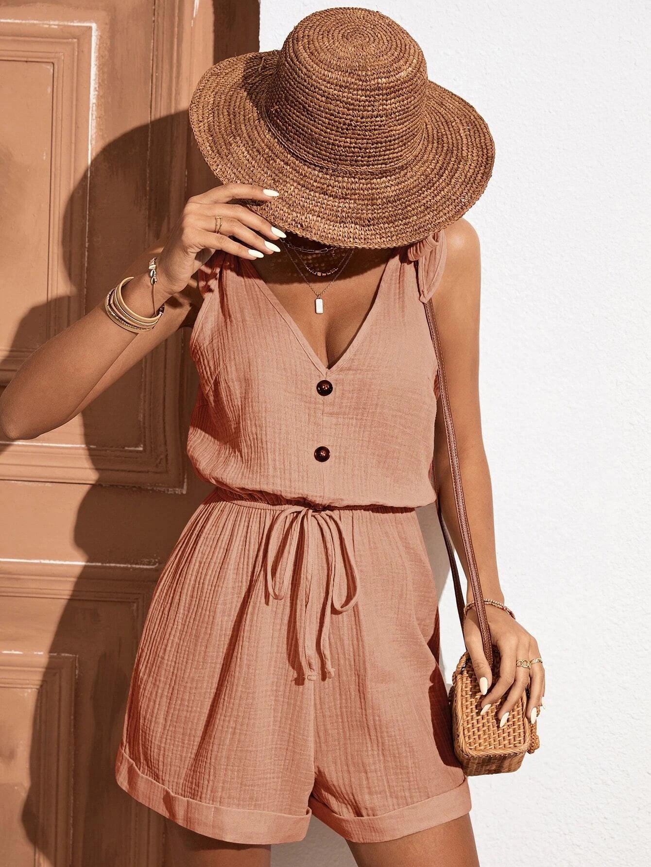 Button Front Knot Shoulder Romper-Comfy Jumpsuits