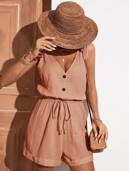 Button Front Knot Shoulder Romper-Comfy Jumpsuits