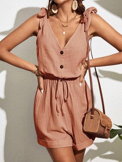 Button Front Knot Shoulder Romper-Comfy Jumpsuits