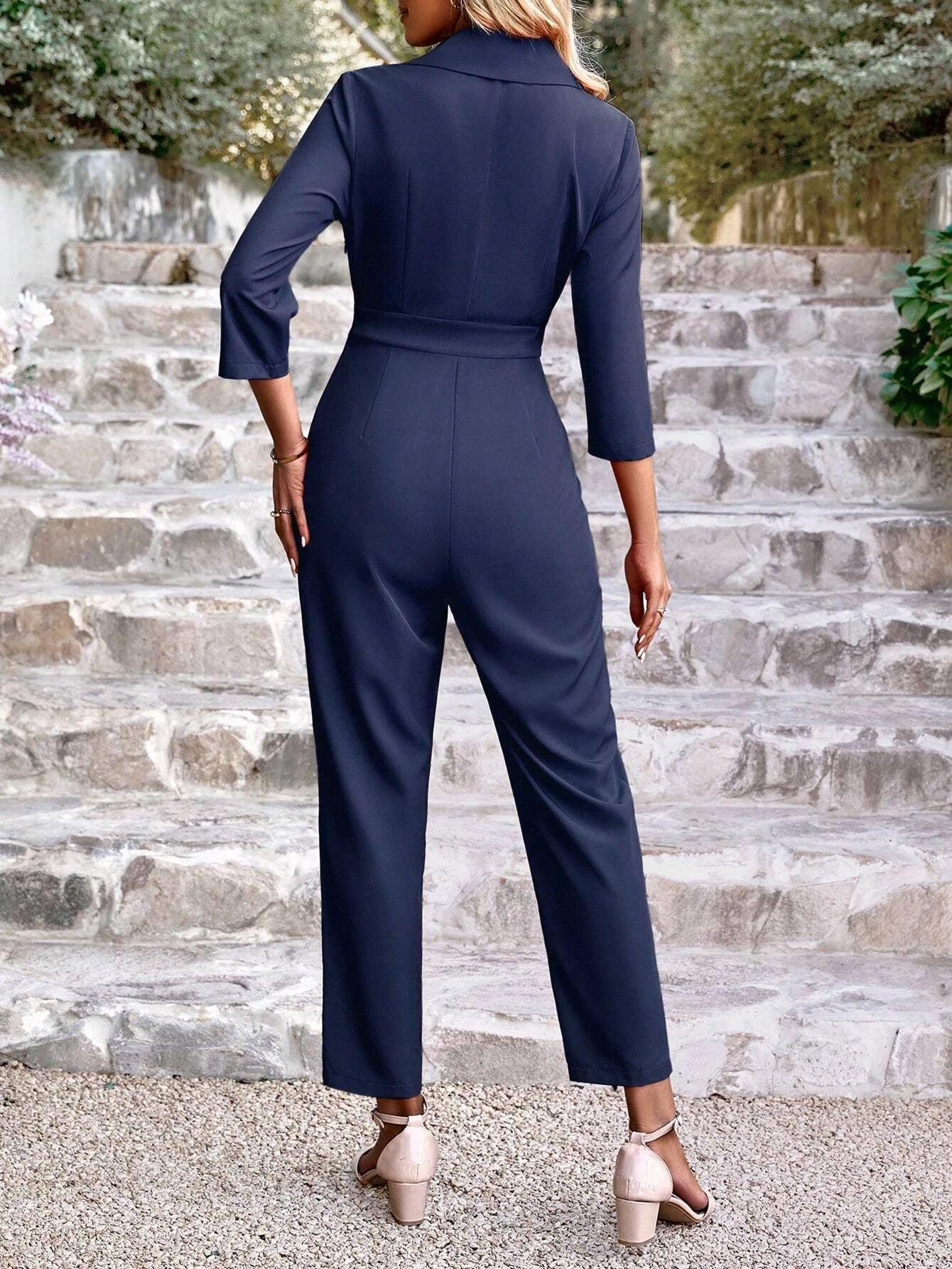 Lapel Neck Single Button Fold Pleated Jumpsuit-Comfy Jumpsuits