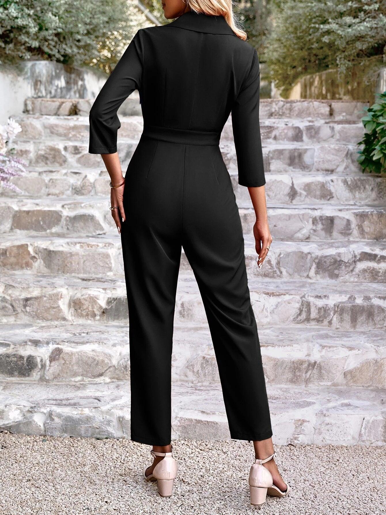 Lapel Neck Single Button Fold Pleated Jumpsuit-Comfy Jumpsuits