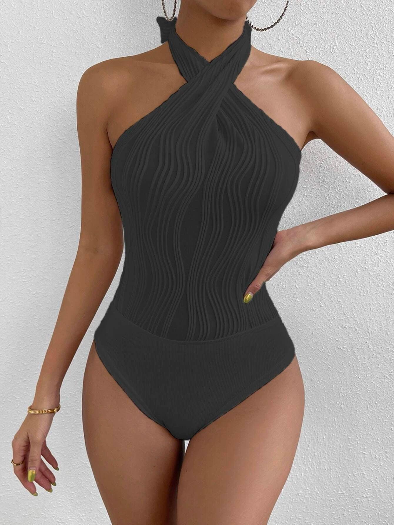 Sleeveless Cross Halter Bodysuit-Comfy Jumpsuits