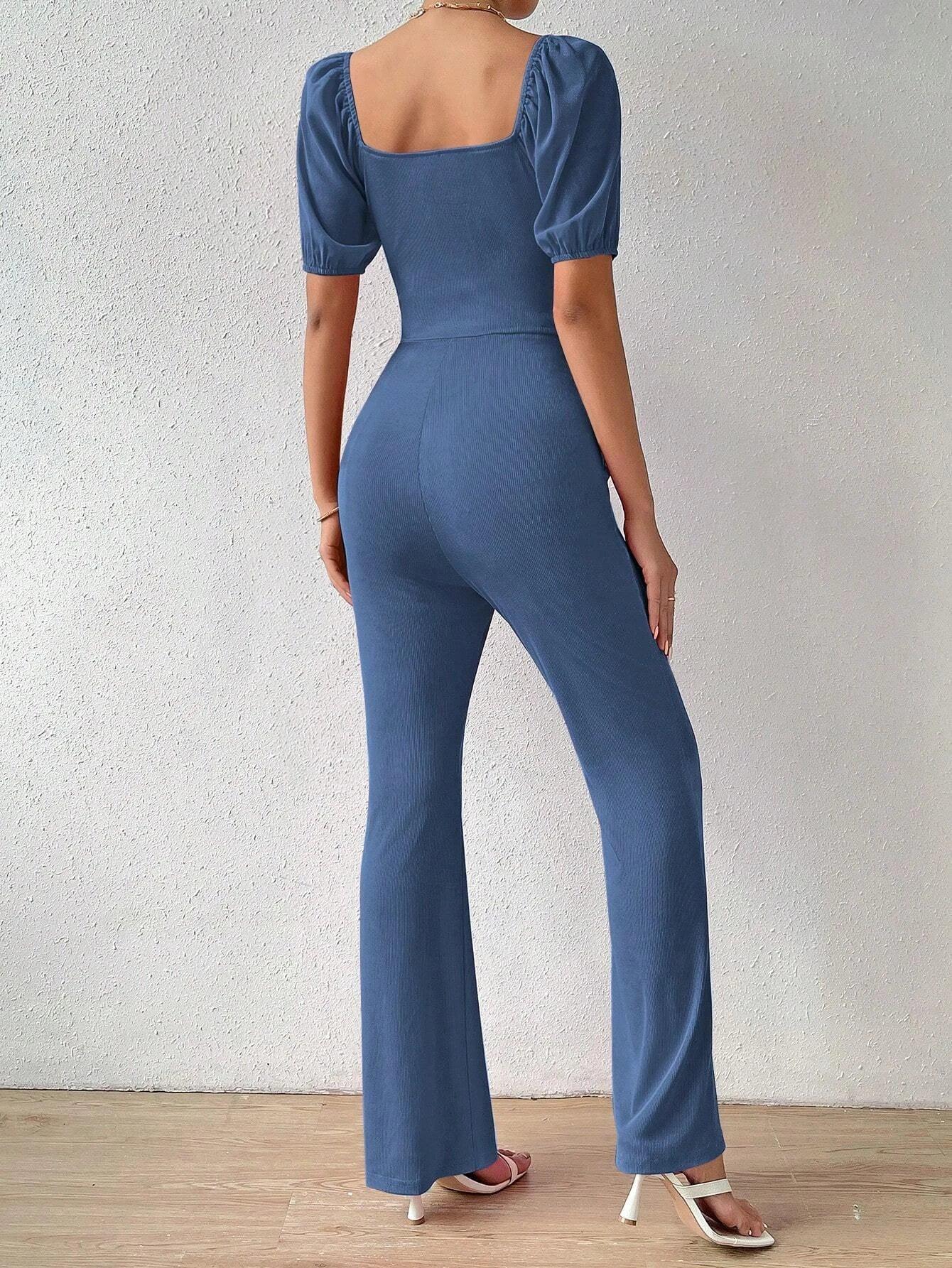 Puff Sleeve Front Flare Leg Jumpsuit-Comfy Jumpsuits