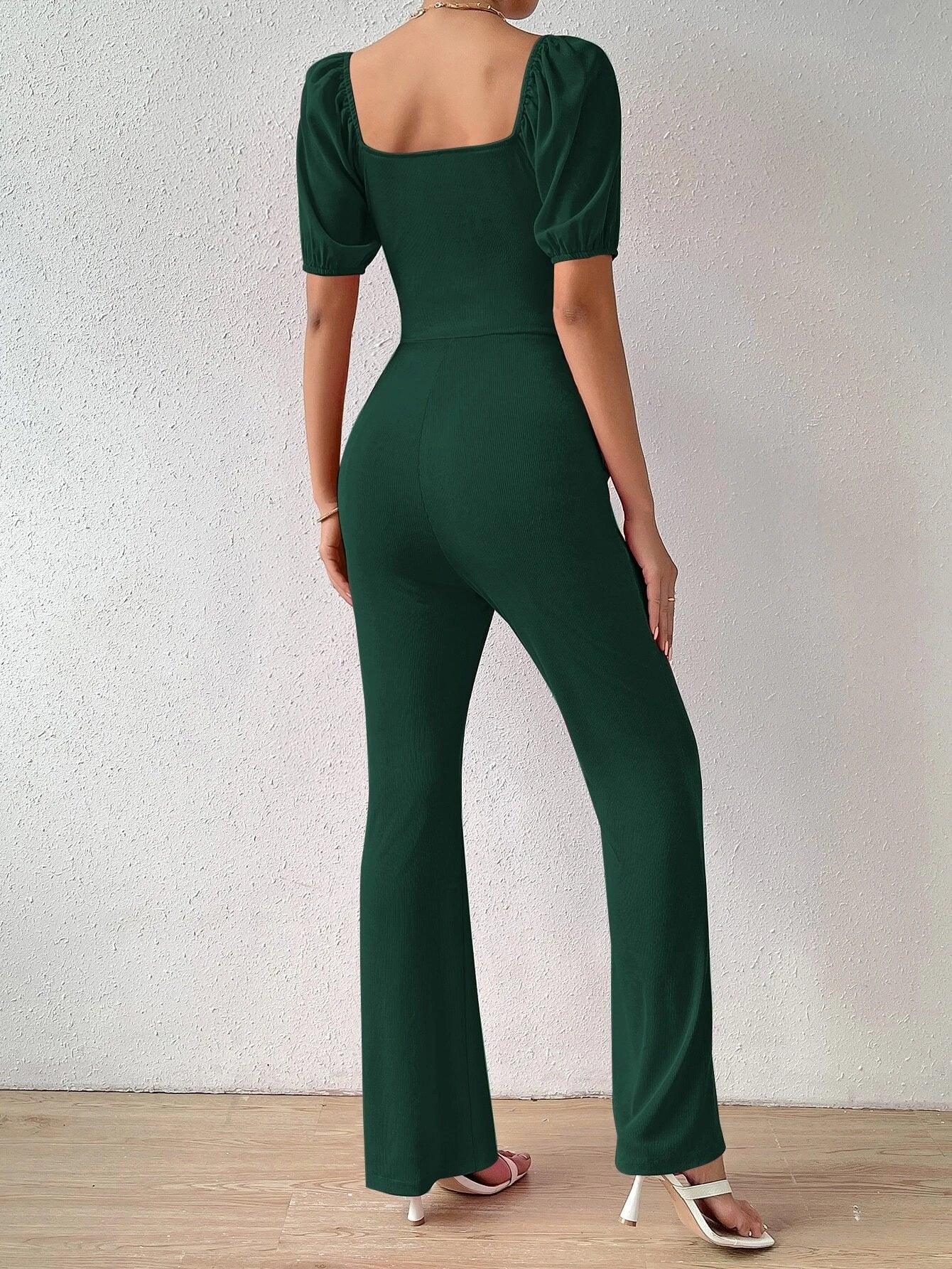 Puff Sleeve Front Flare Leg Jumpsuit-Comfy Jumpsuits
