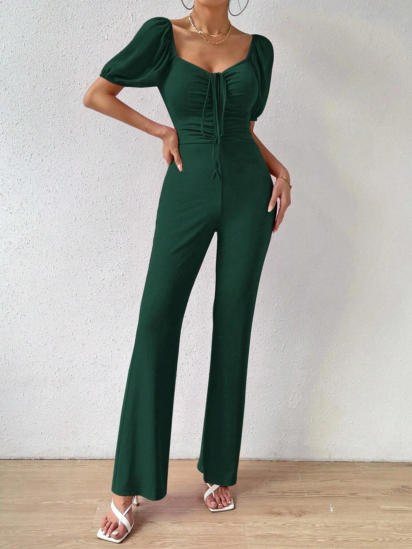 Puff Sleeve Front Flare Leg Jumpsuit-Comfy Jumpsuits