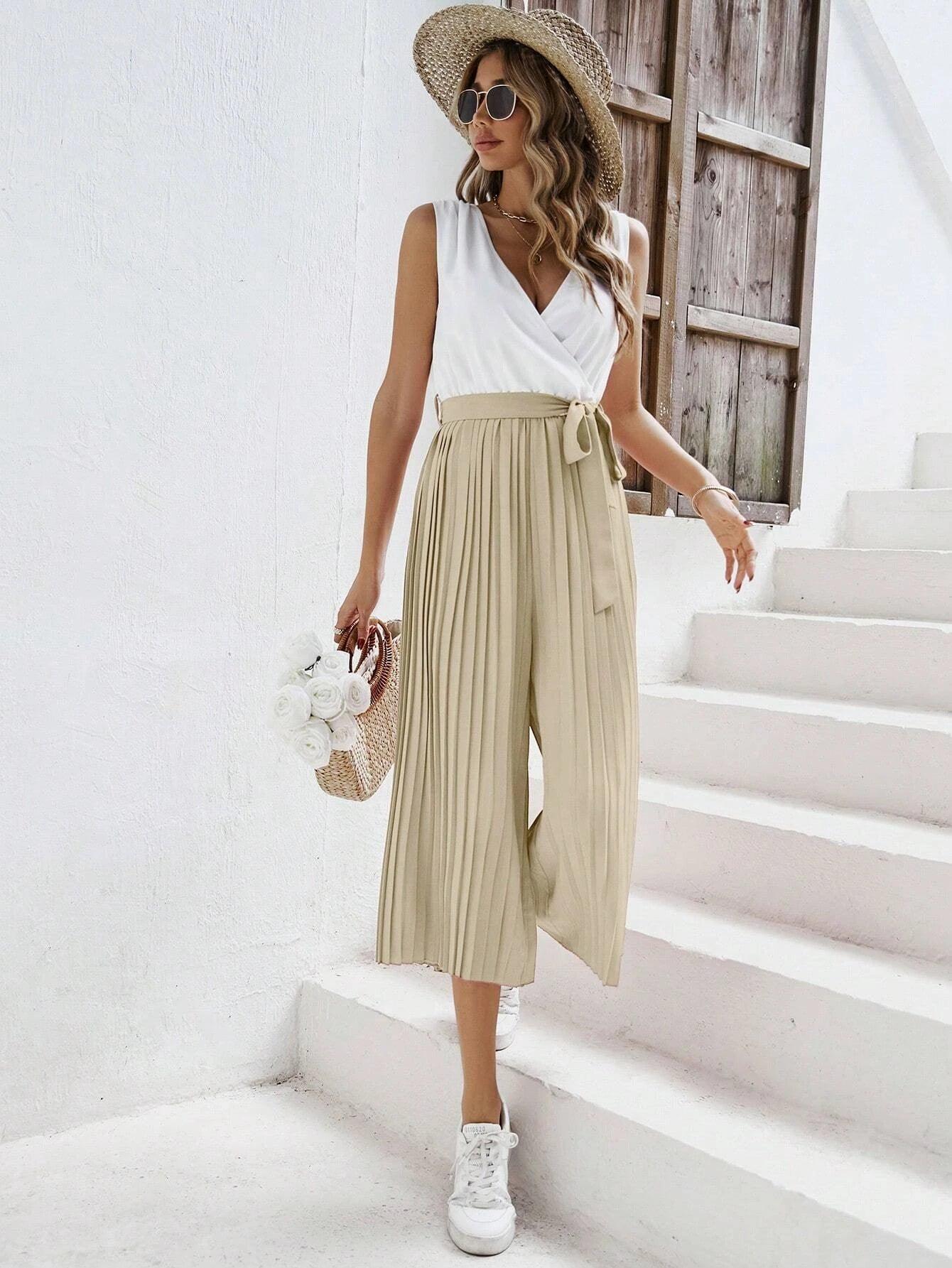 Two Tone Pleated Belt Jumpsuit-Comfy Jumpsuits