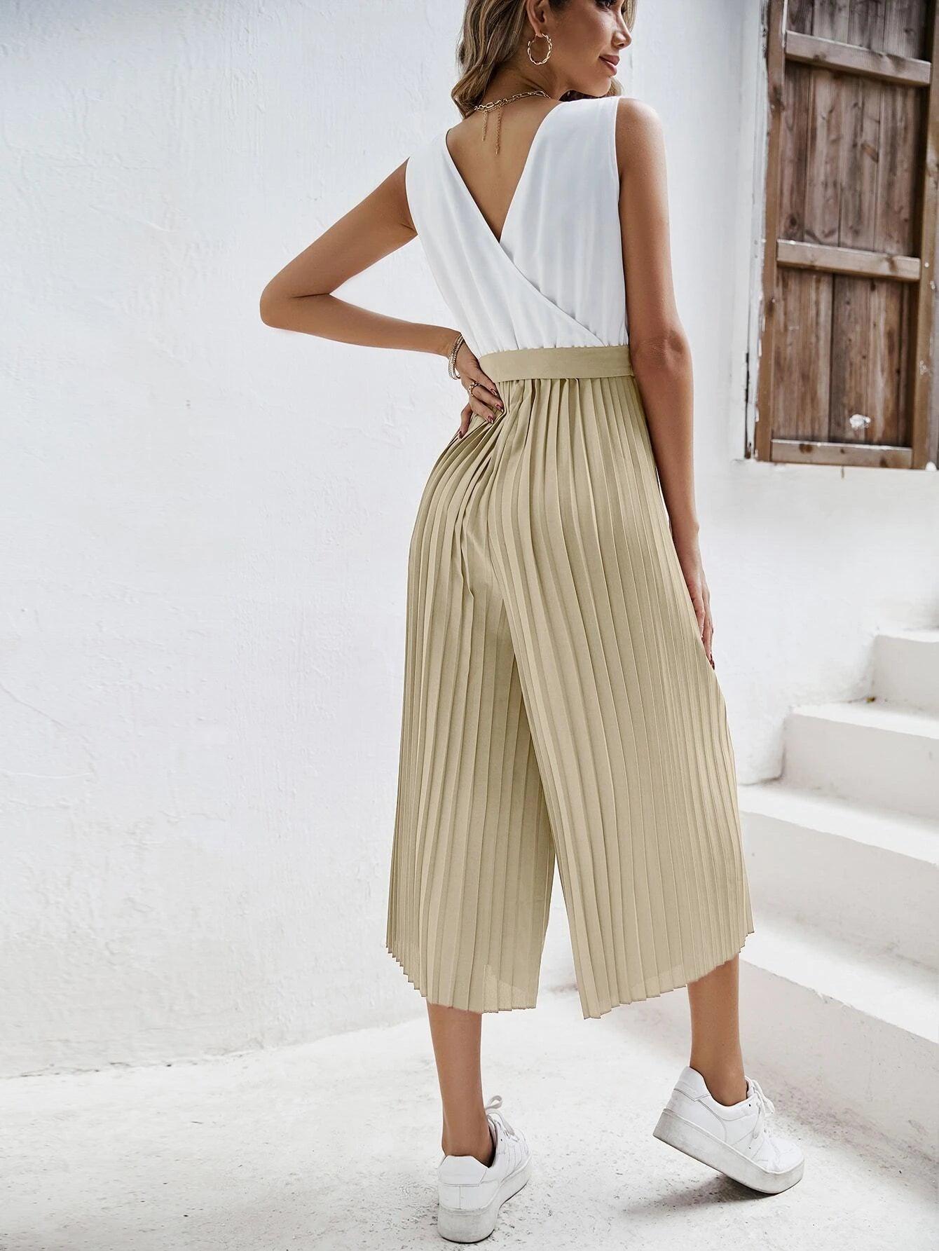 Two Tone Pleated Belt Jumpsuit-Comfy Jumpsuits