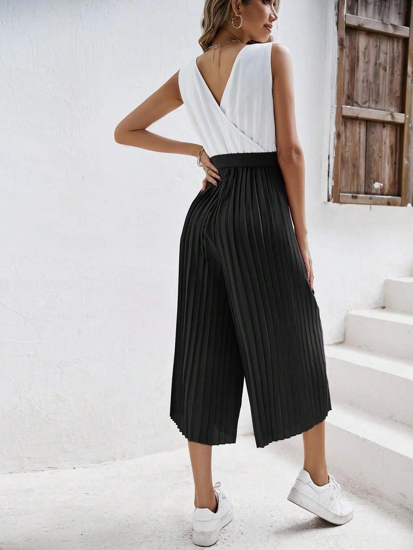 Two Tone Pleated Belt Jumpsuit-Comfy Jumpsuits