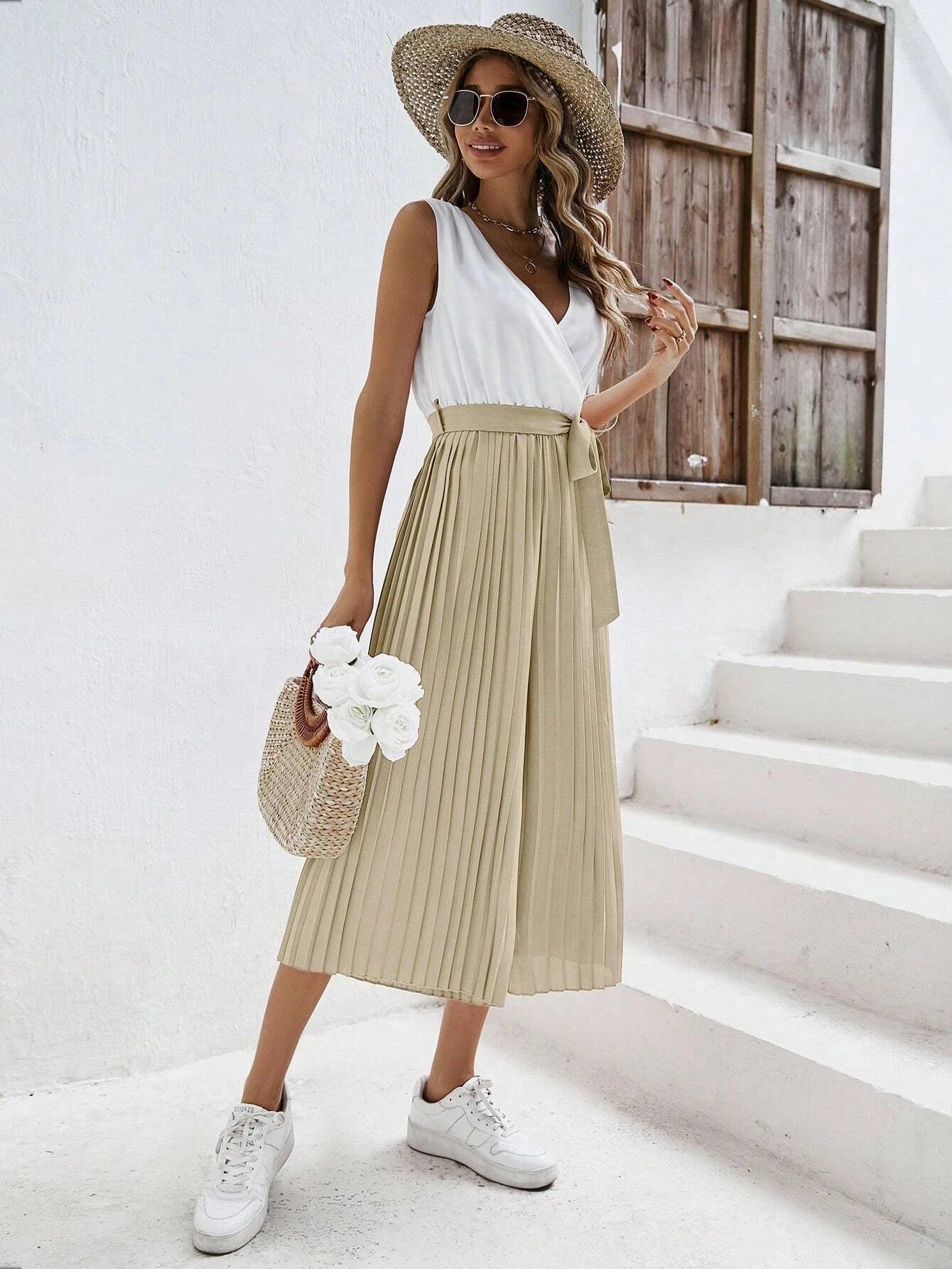 Two Tone Pleated Belt Jumpsuit-Comfy Jumpsuits