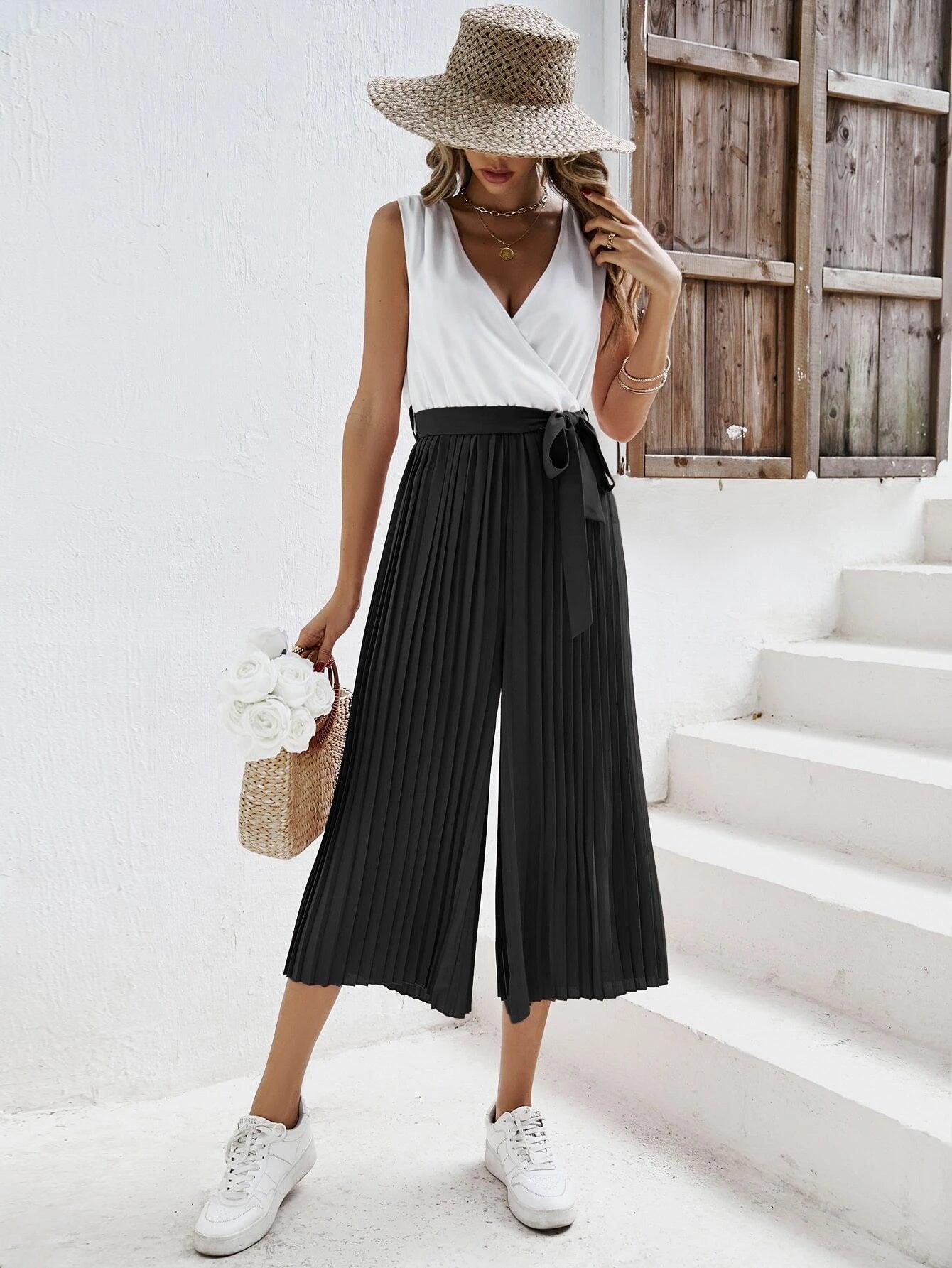 Two Tone Pleated Belt Jumpsuit-Comfy Jumpsuits