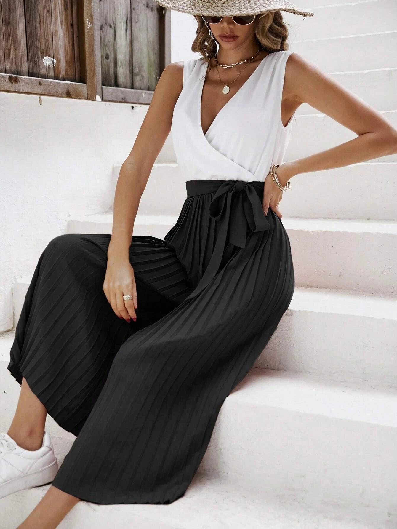 Two Tone Pleated Belt Jumpsuit-Comfy Jumpsuits