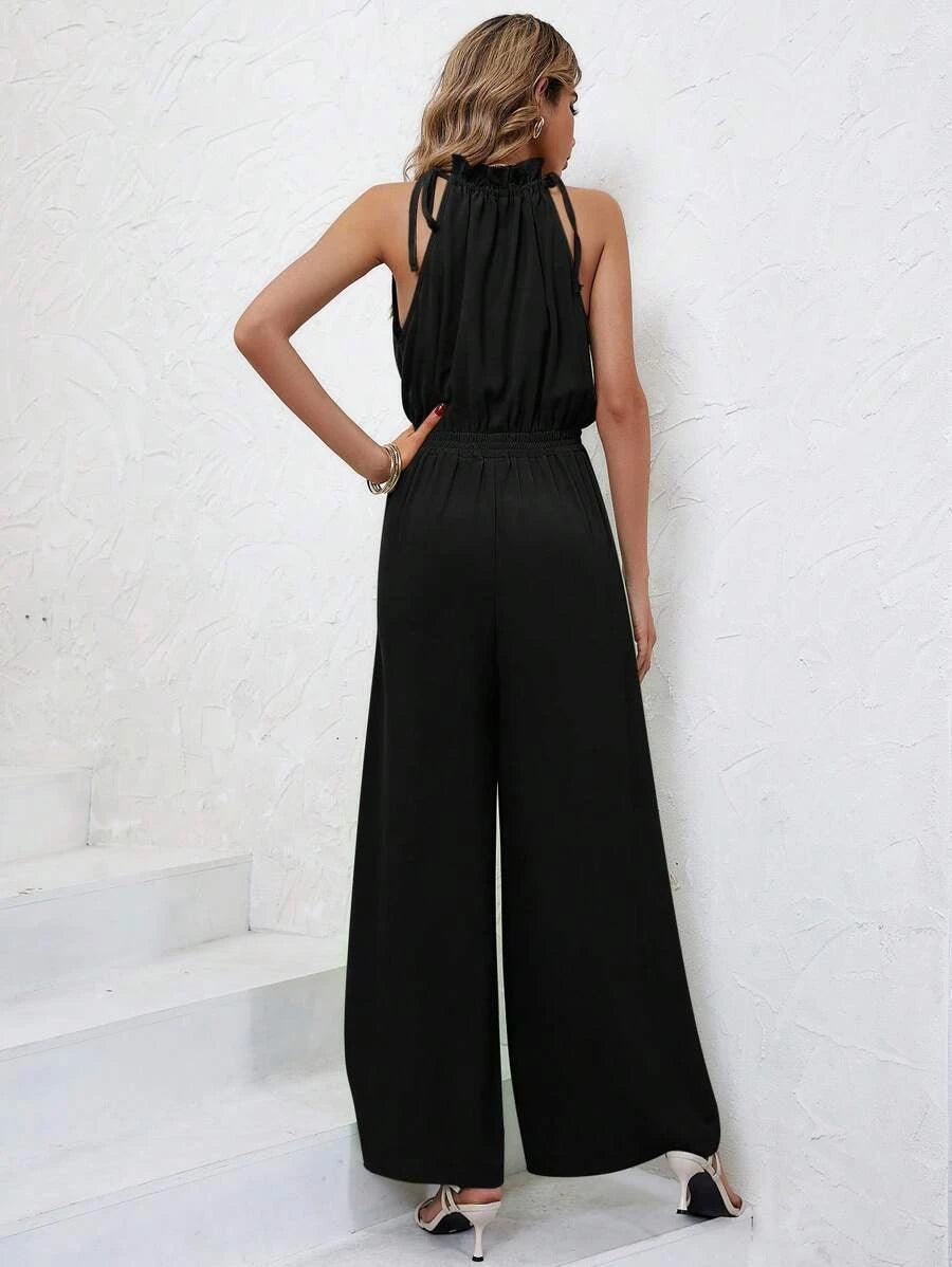 Frenchy Solid Knot Detail Halter Jumpsuit-Comfy Jumpsuits