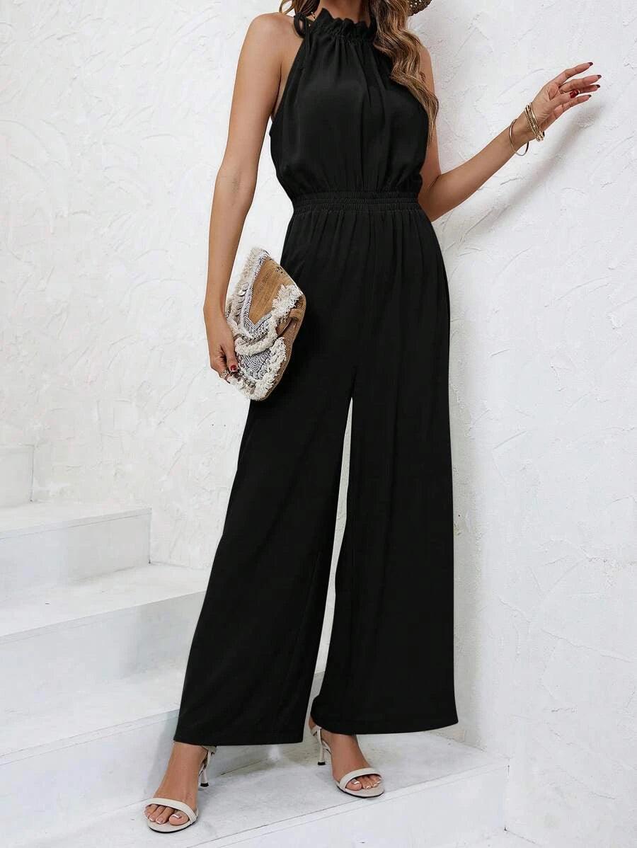 Frenchy Solid Knot Detail Halter Jumpsuit-Comfy Jumpsuits