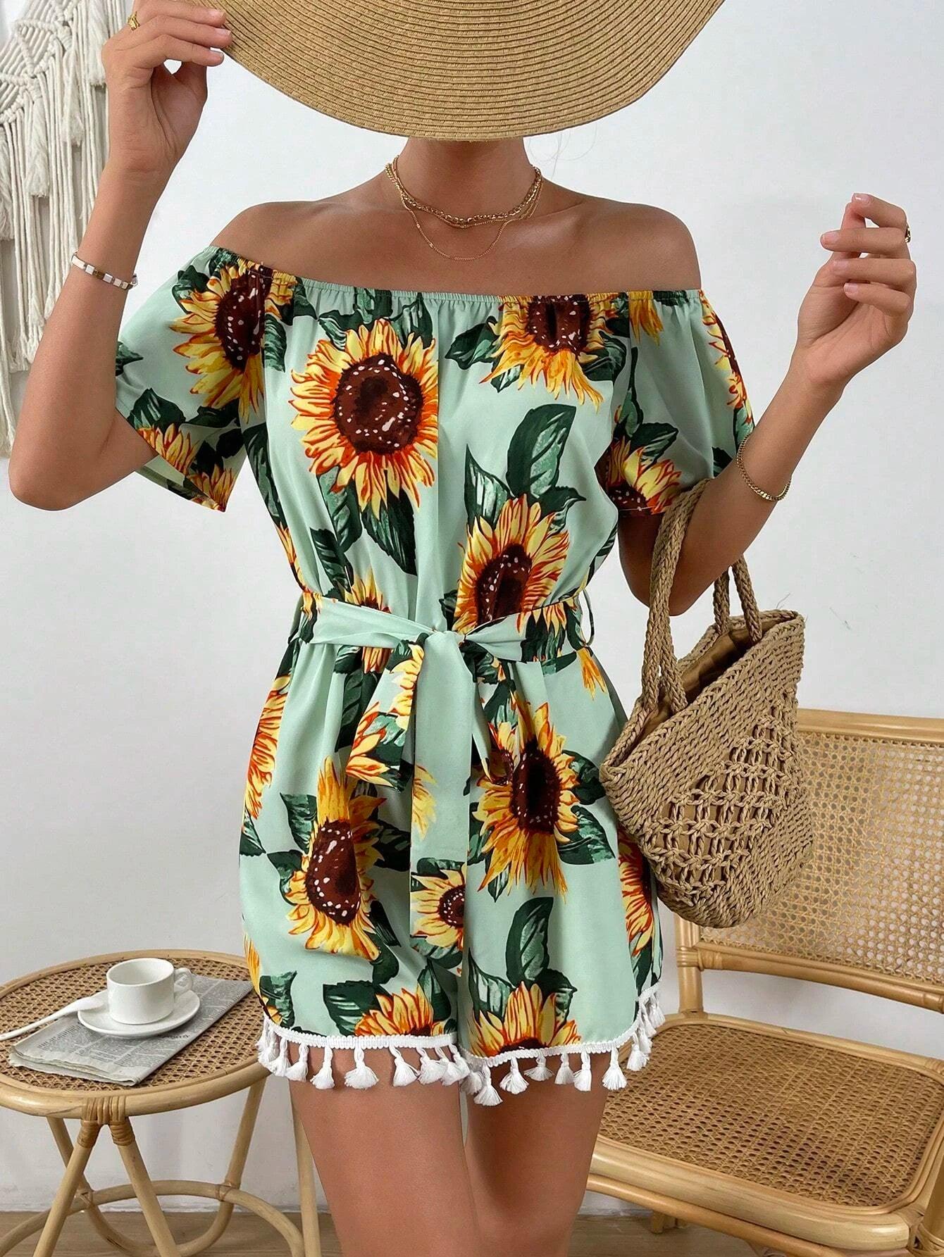 Sunflower Print Off Shoulder Belted Romper-Comfy Jumpsuits