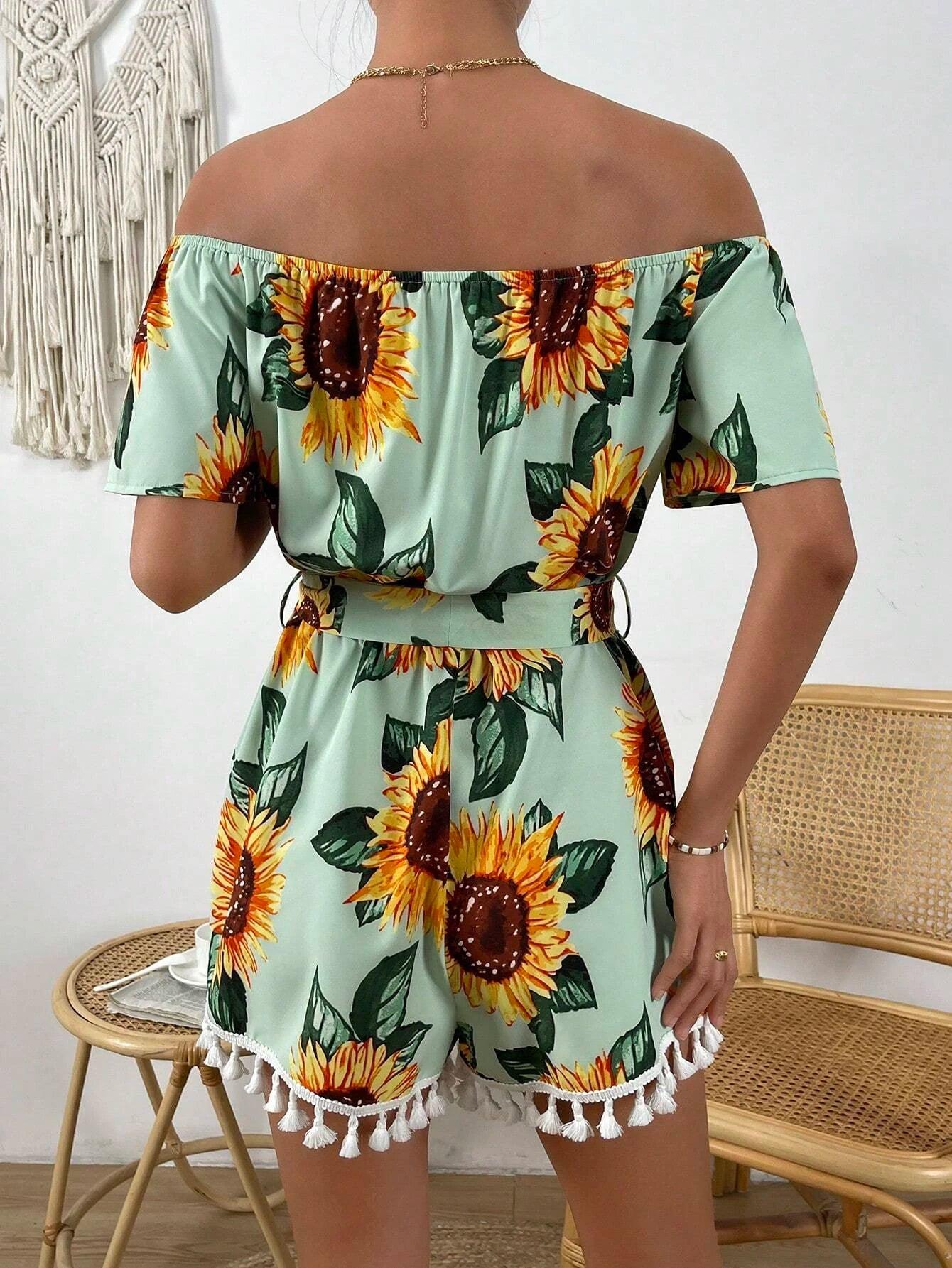 Sunflower Print Off Shoulder Belted Romper-Comfy Jumpsuits