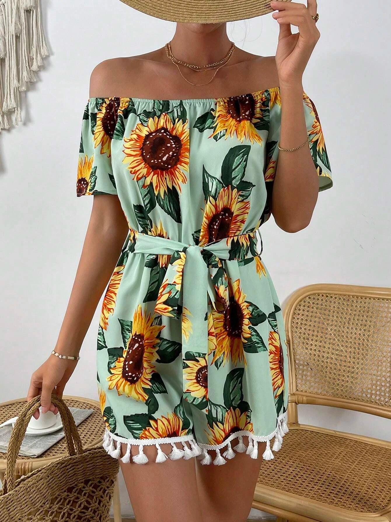 Sunflower Print Off Shoulder Belted Romper-Comfy Jumpsuits
