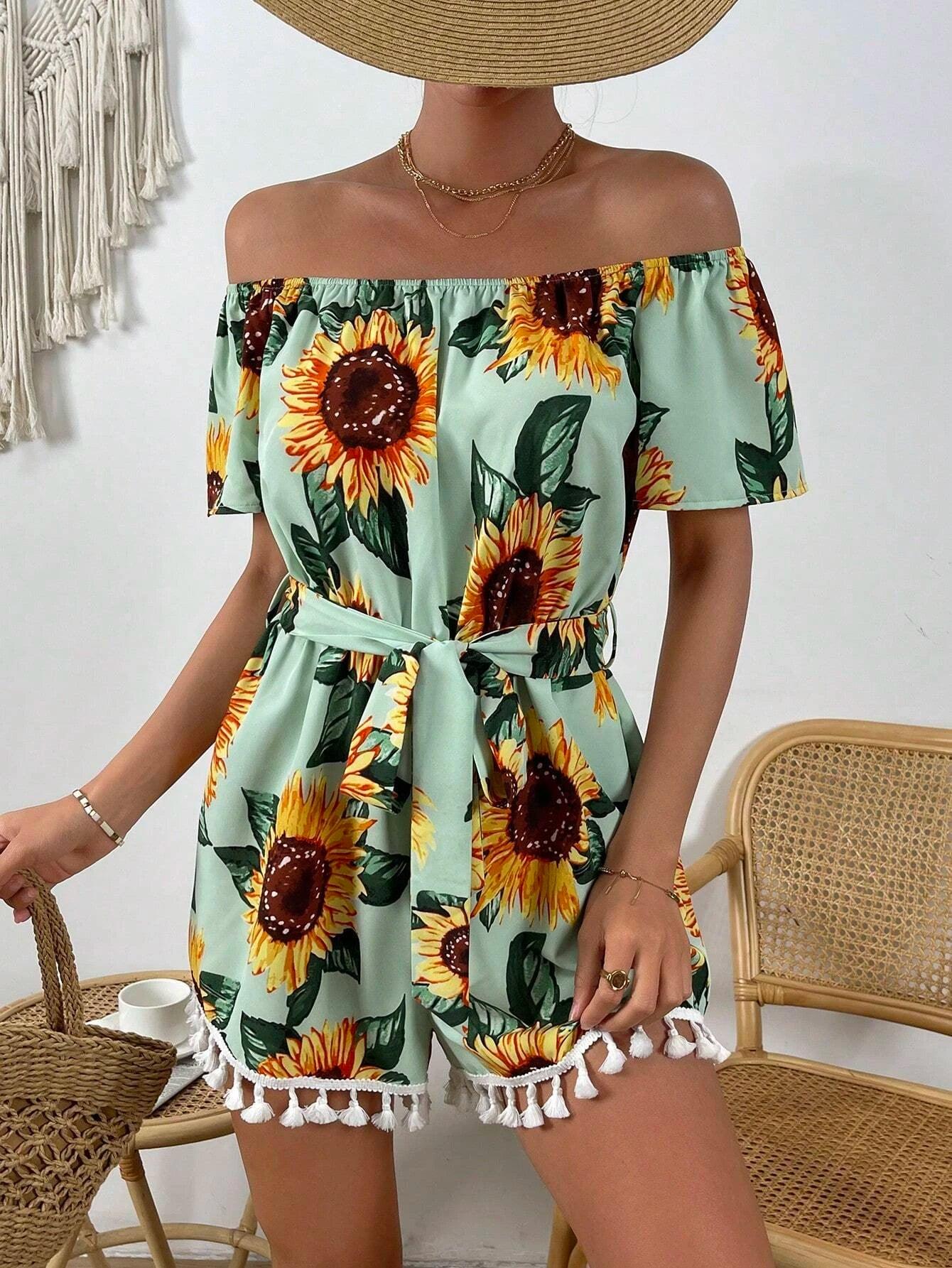 Sunflower Print Off Shoulder Belted Romper-Comfy Jumpsuits