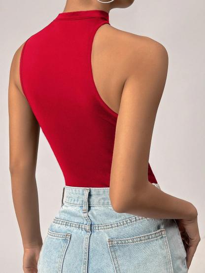 Mock Neck Cut Out Bodysuit-Comfy Jumpsuits