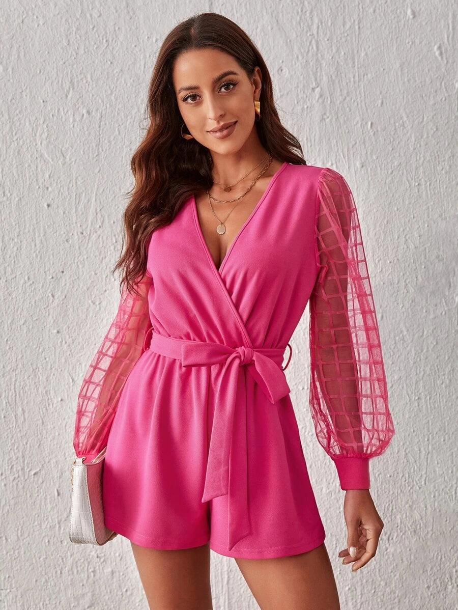 Plaid Mesh Lantern Sleeve Overlap Collar Belted Romper-Comfy Jumpsuits
