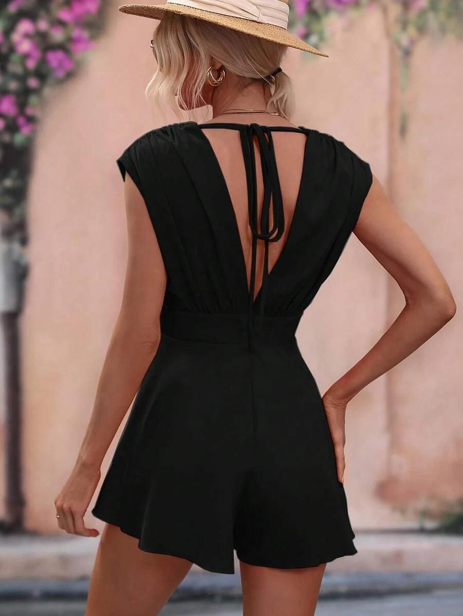 Solid Fold Pleated Detail Tie Backless Romper-Comfy Jumpsuits