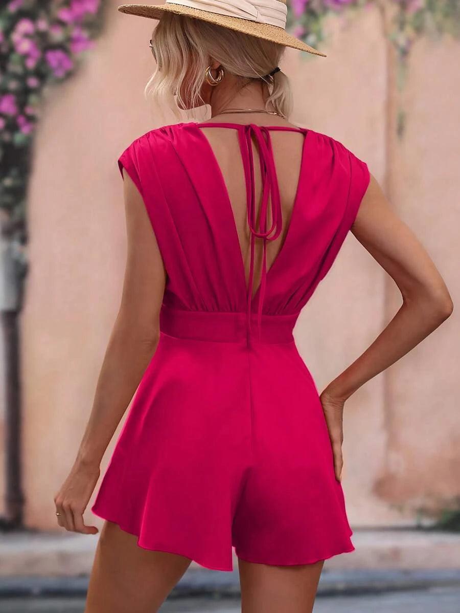 Solid Fold Pleated Detail Tie Backless Romper-Comfy Jumpsuits