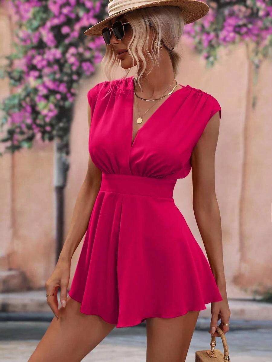 Solid Fold Pleated Detail Tie Backless Romper-Comfy Jumpsuits