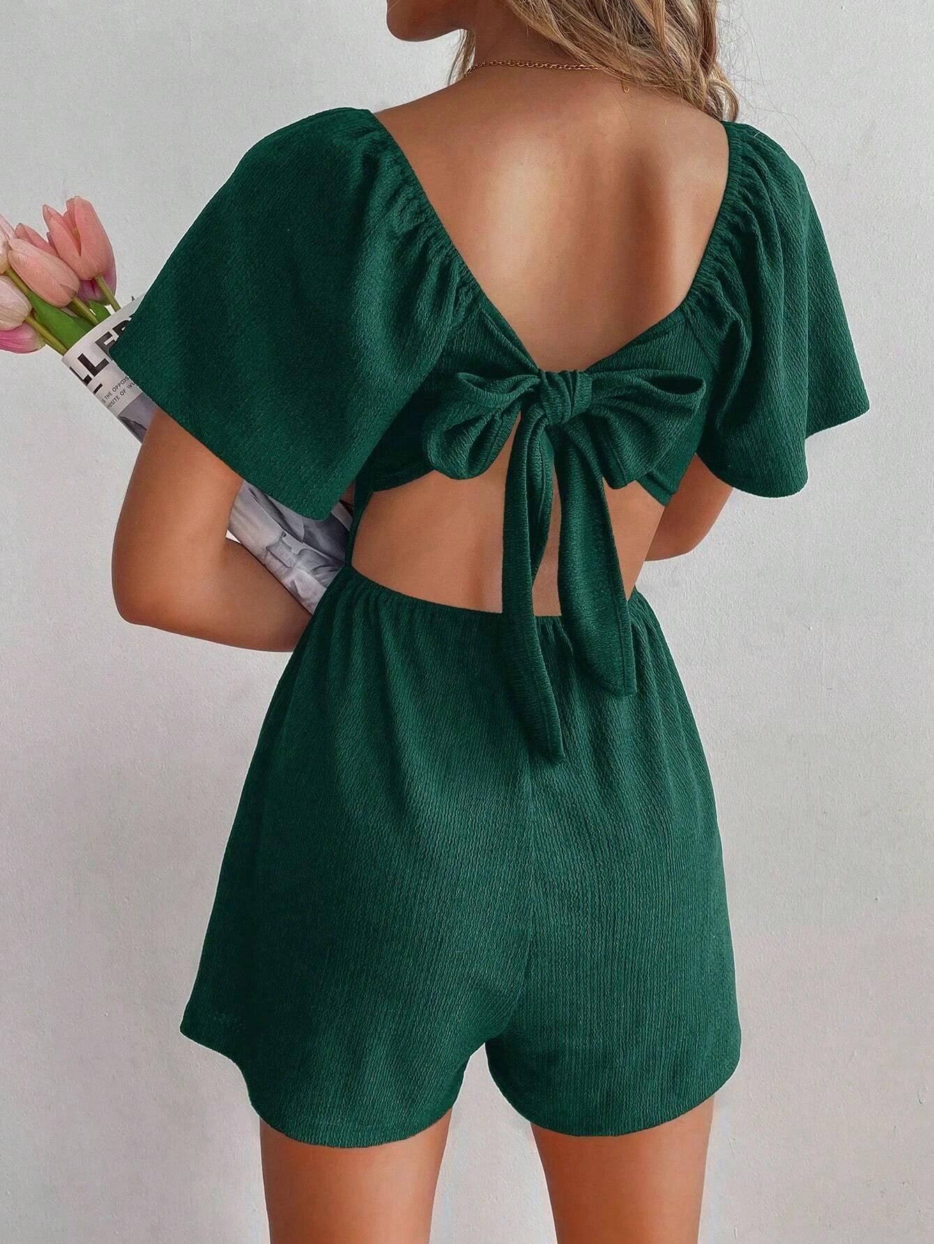 Solid Colored Knot Back Romper-Comfy Jumpsuits