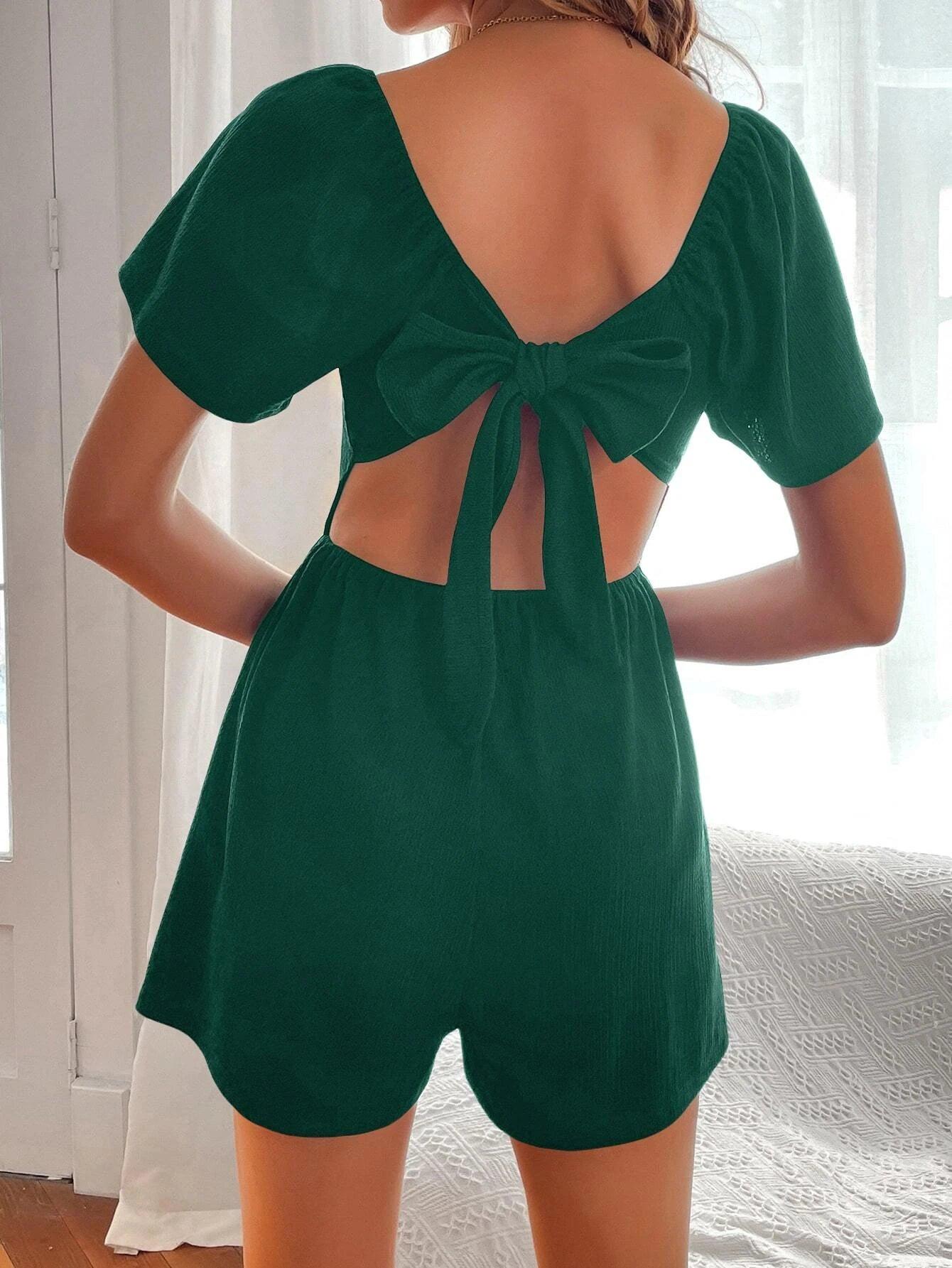Solid Colored Knot Back Romper-Comfy Jumpsuits