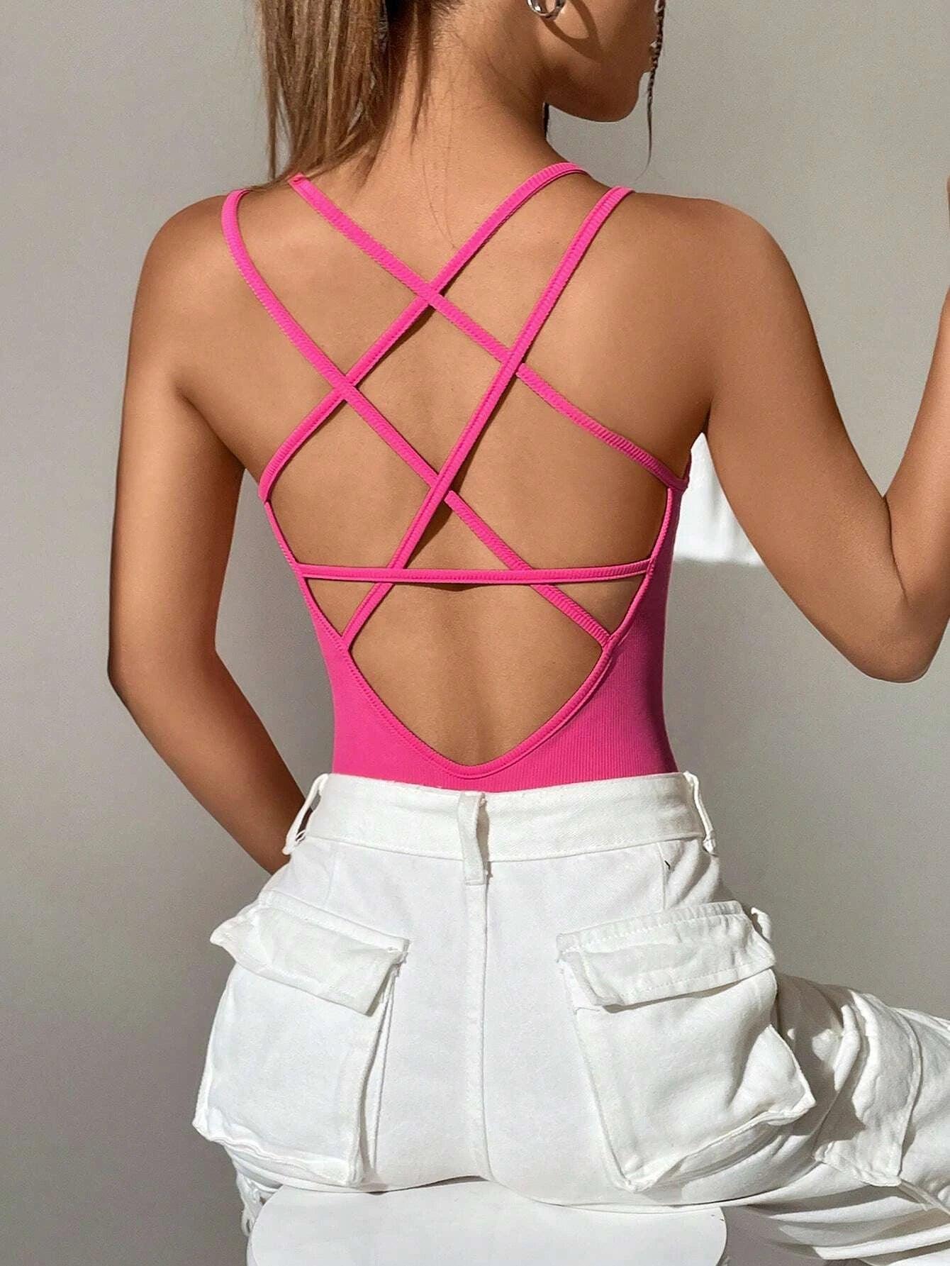 Criss Cross Backless Cami Bodysuit-Comfy Jumpsuits