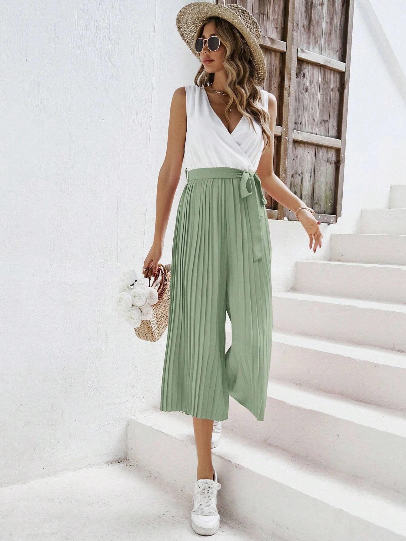 Two Tone Pleated Belt Jumpsuit-Comfy Jumpsuits