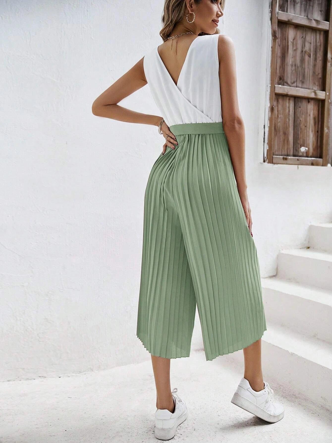 Two Tone Pleated Belt Jumpsuit-Comfy Jumpsuits