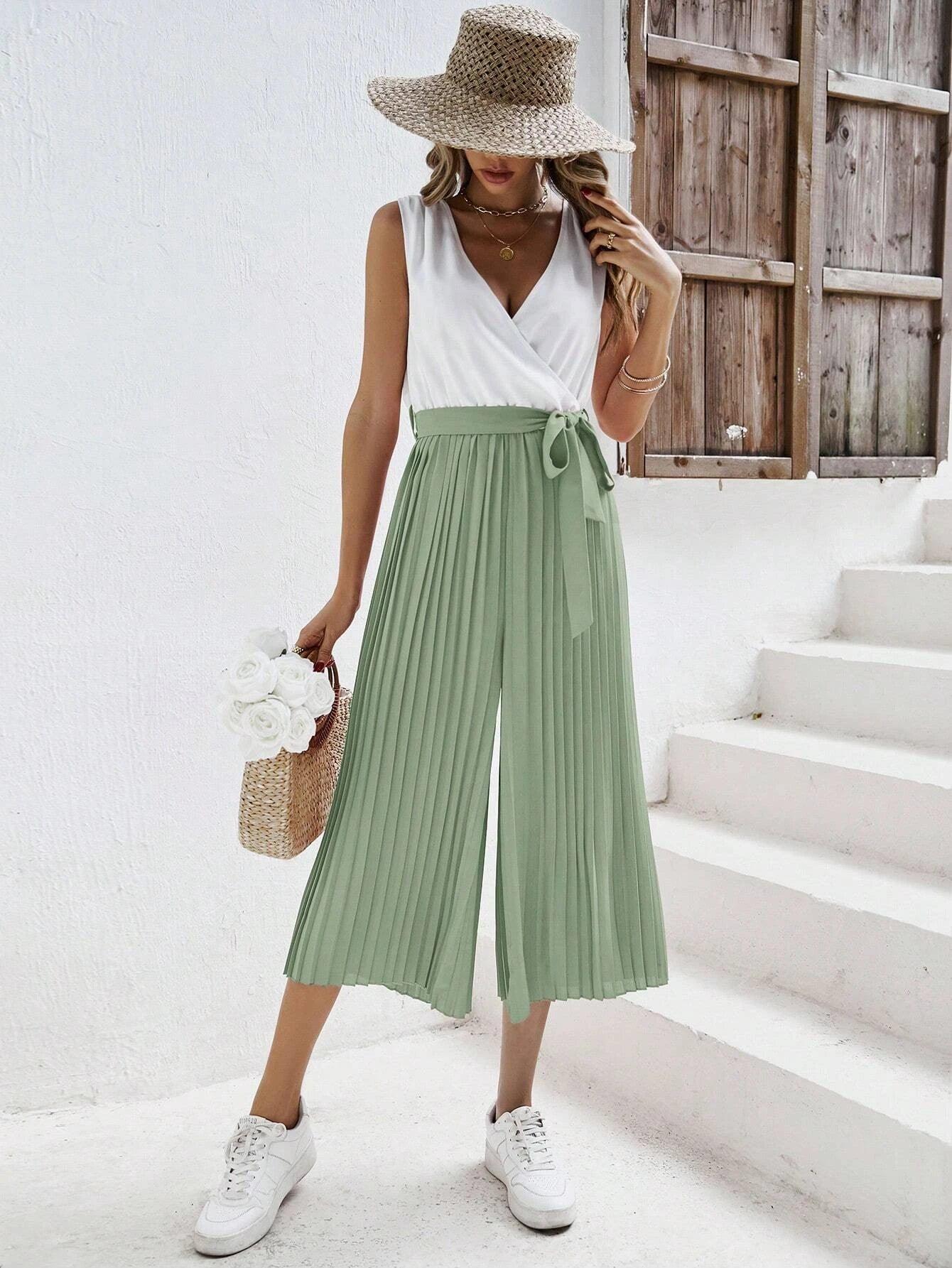 Two Tone Pleated Belt Jumpsuit-Comfy Jumpsuits