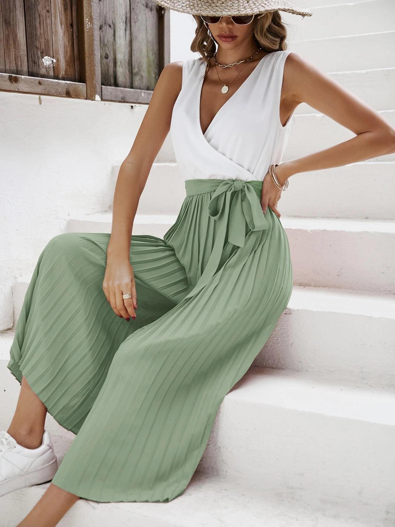 Two Tone Pleated Belt Jumpsuit-Comfy Jumpsuits