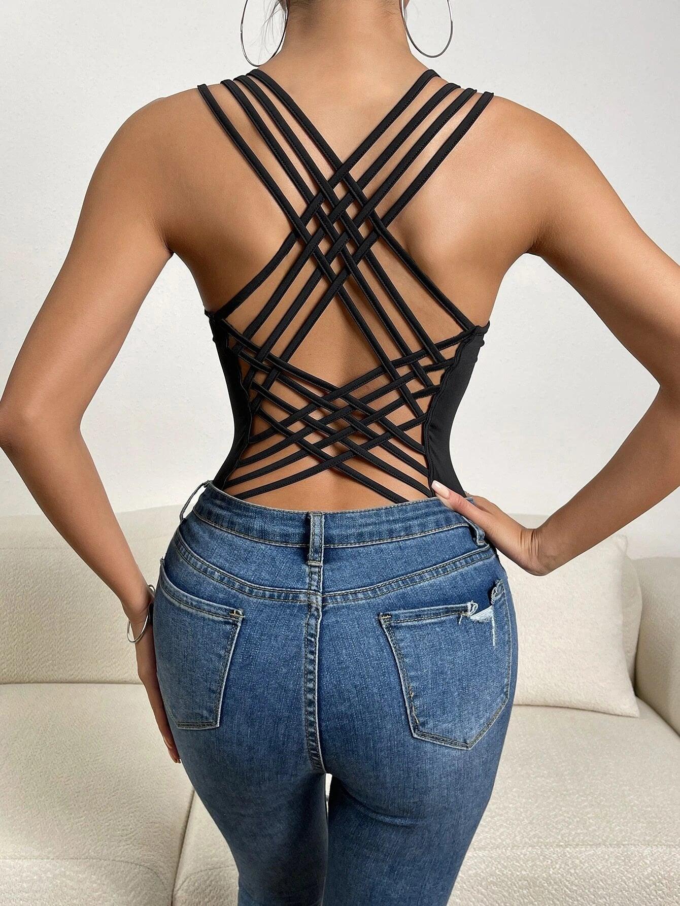 Solid Criss Cross Backless Tank Bodysuit-Comfy Jumpsuits