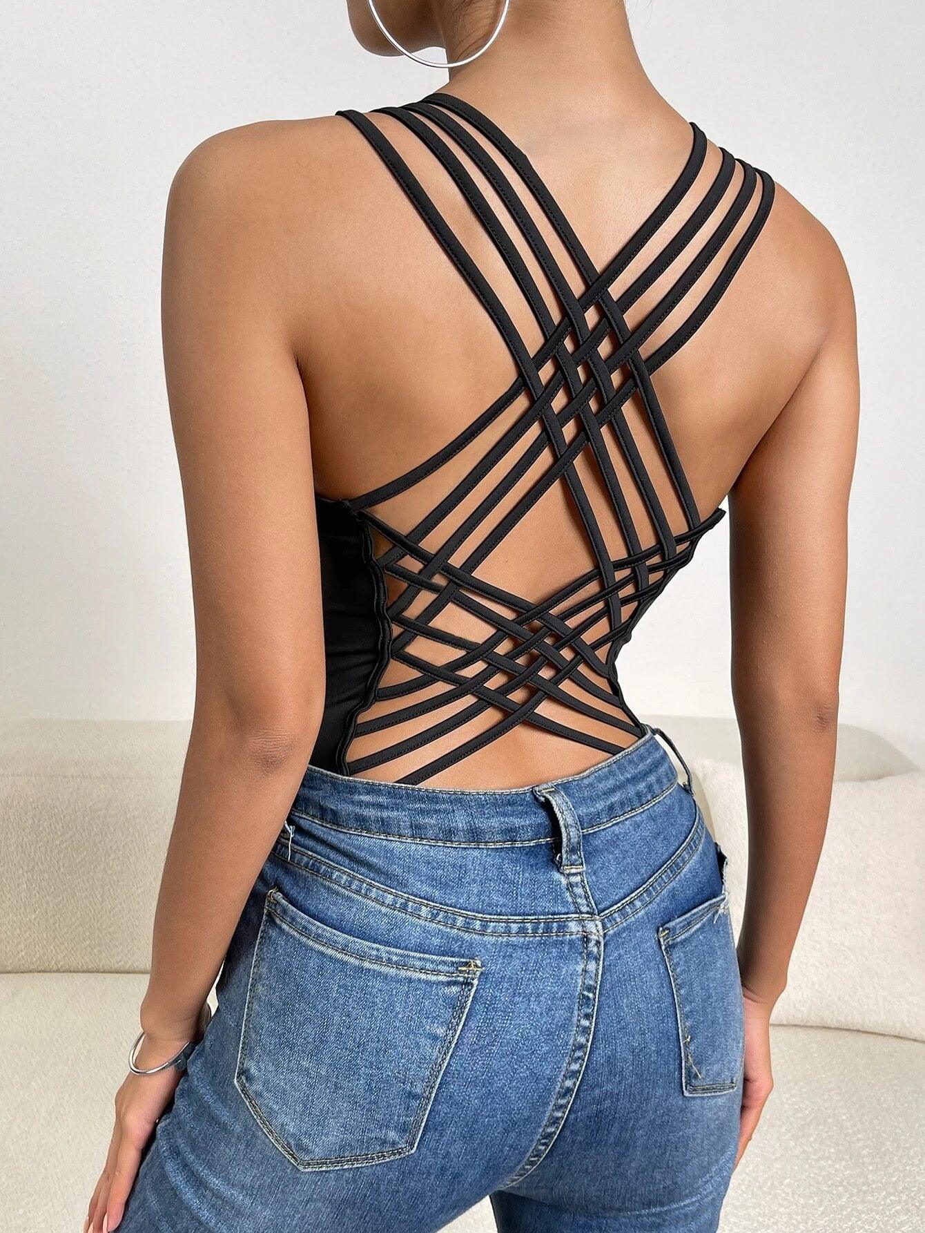 Solid Criss Cross Backless Tank Bodysuit-Comfy Jumpsuits