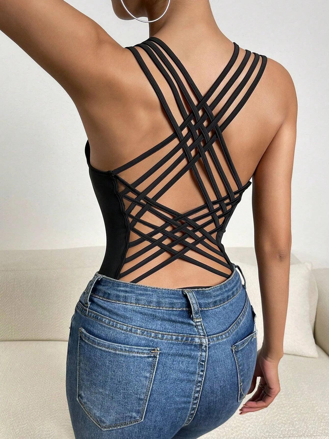 Solid Criss Cross Backless Tank Bodysuit-Comfy Jumpsuits