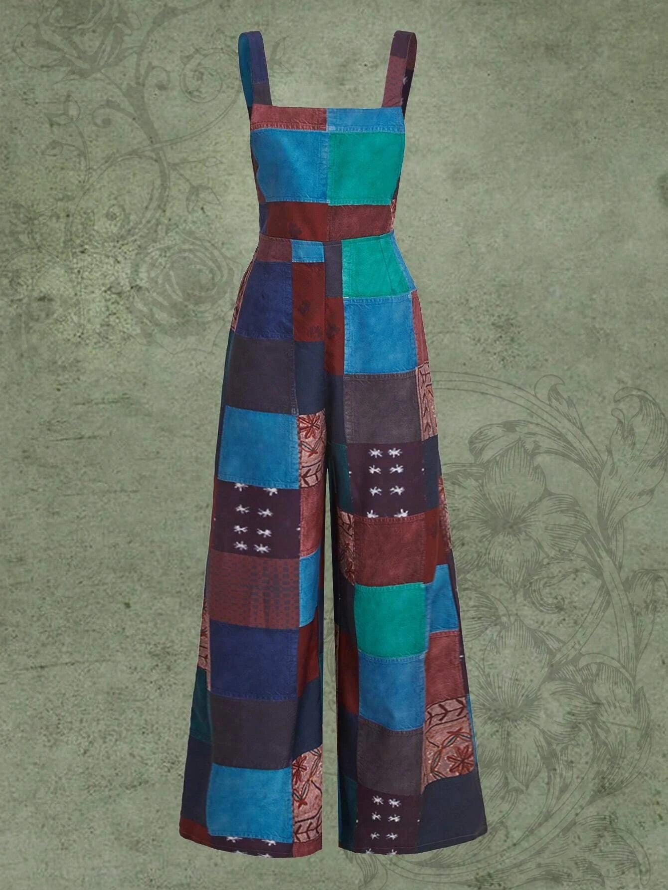 Patchwork Print Long Jumpsuit-Comfy Jumpsuits