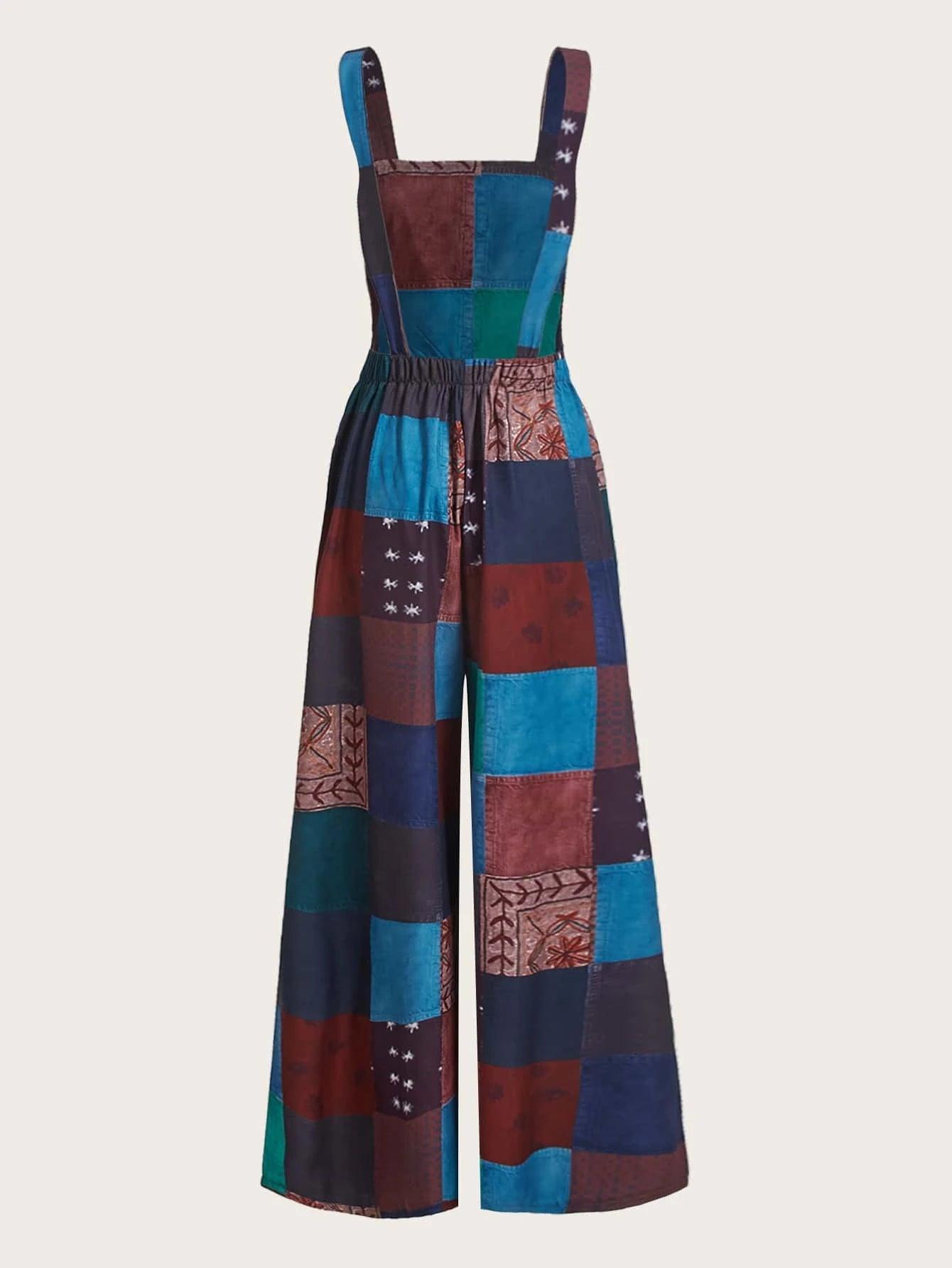 Patchwork Print Long Jumpsuit-Comfy Jumpsuits