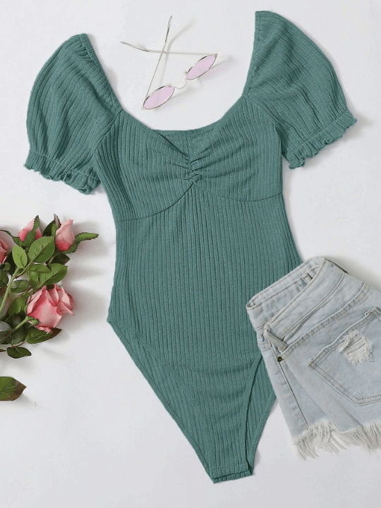 Puff Sleeved Rib-Knit Bodysuit-Comfy Jumpsuits