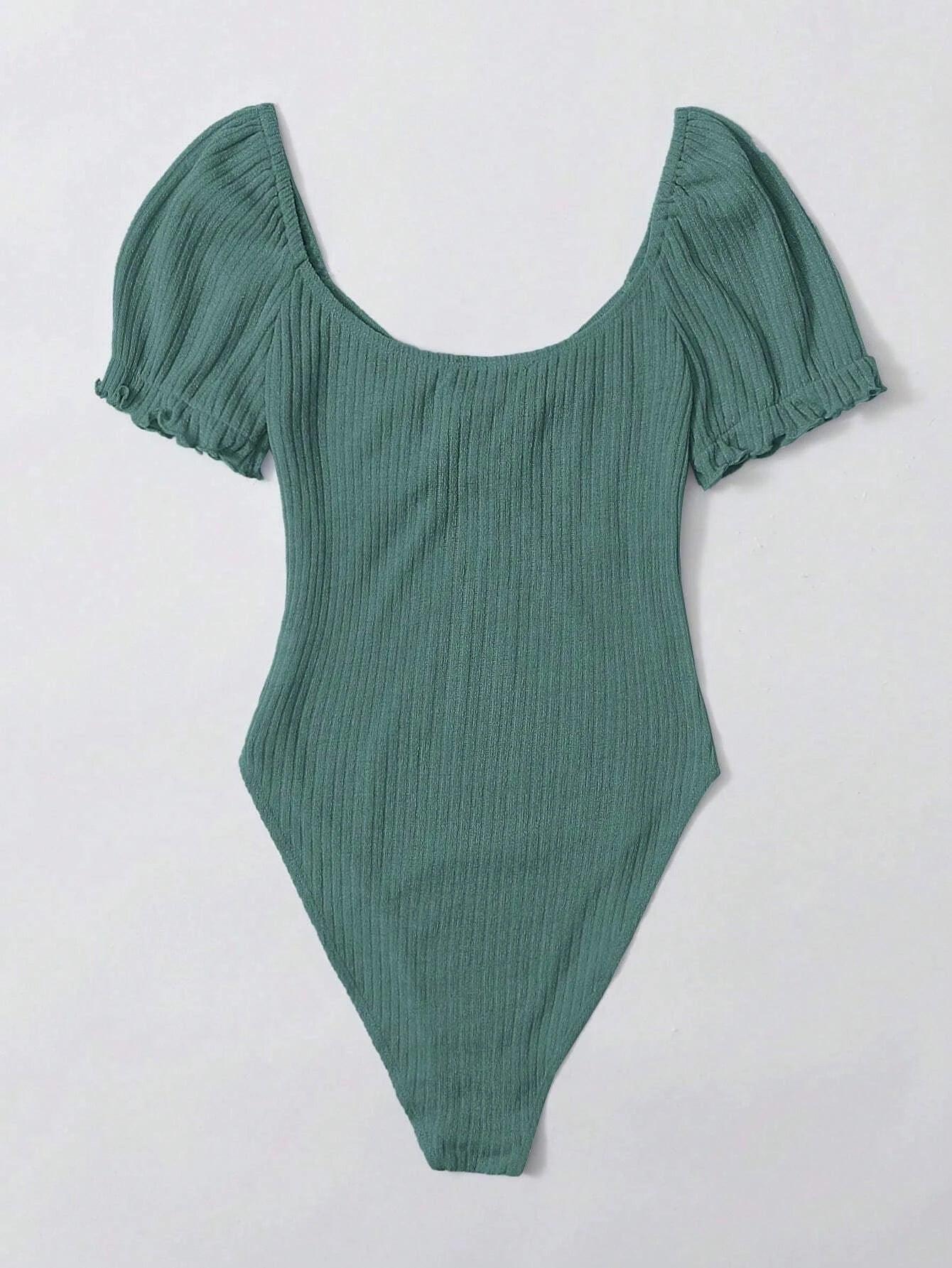 Puff Sleeved Rib-Knit Bodysuit-Comfy Jumpsuits