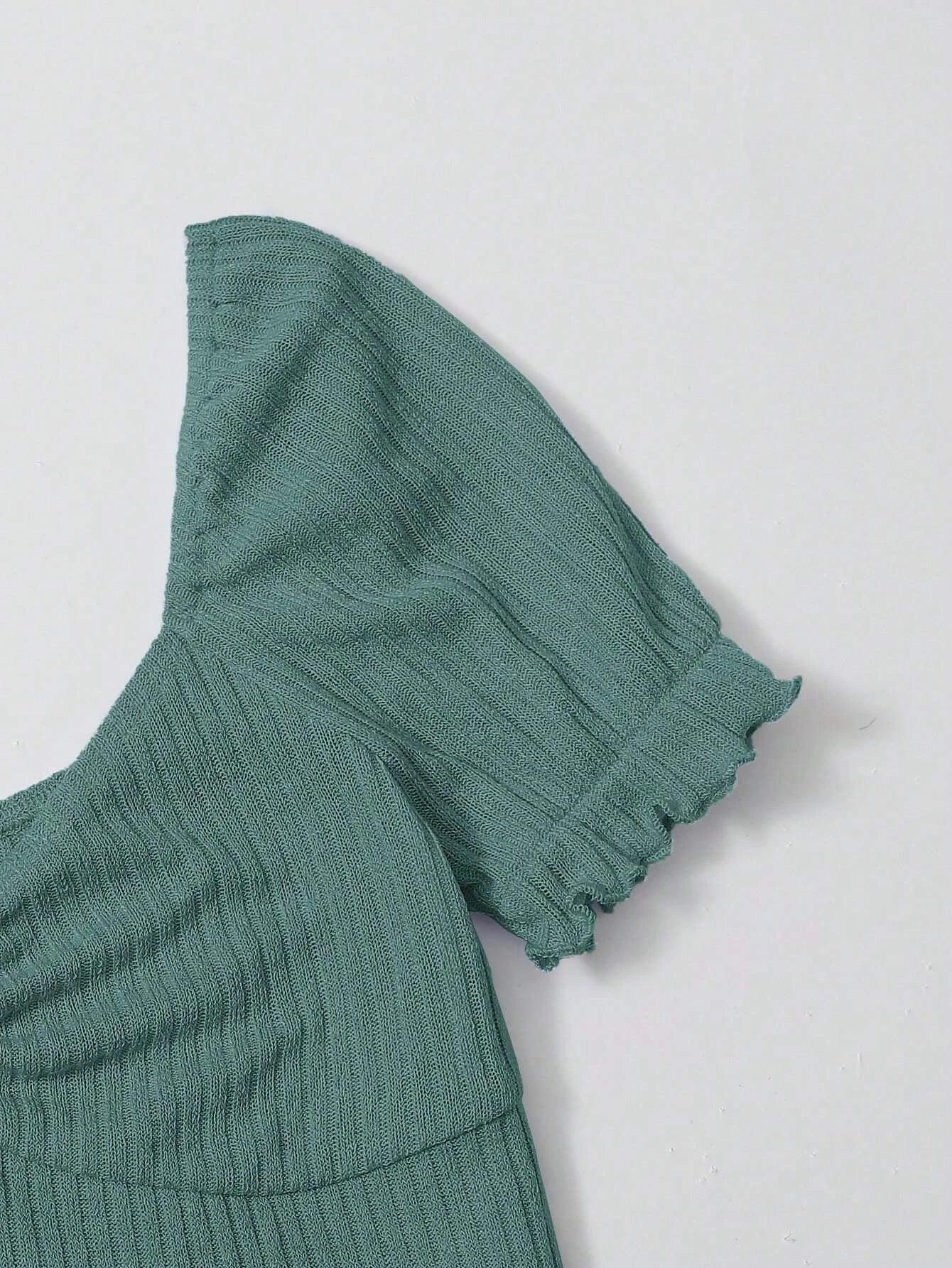 Puff Sleeved Rib-Knit Bodysuit-Comfy Jumpsuits