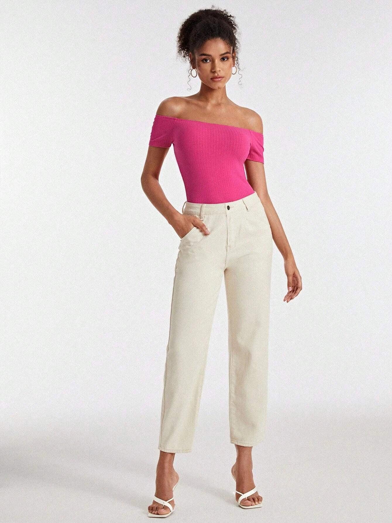 Cotton Off Shoulder Rib-knit Bodysuit-Comfy Jumpsuits